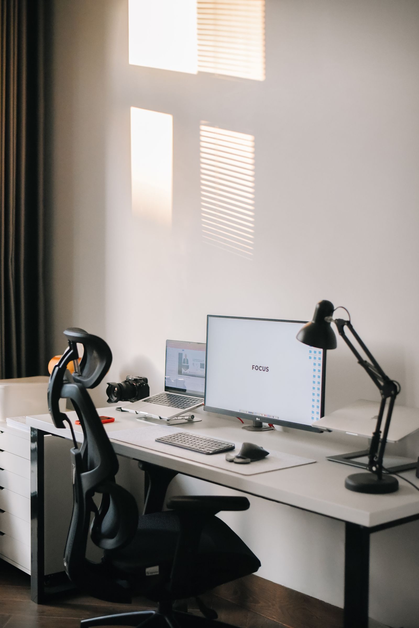 Clean organized home office desk setup