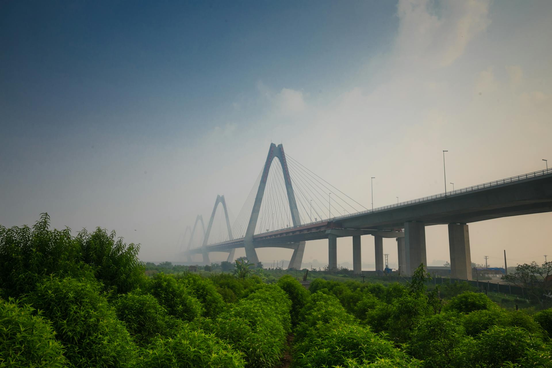 Majestic suspension bridge spanning over lush greenery with a misty sky in the backdrop.