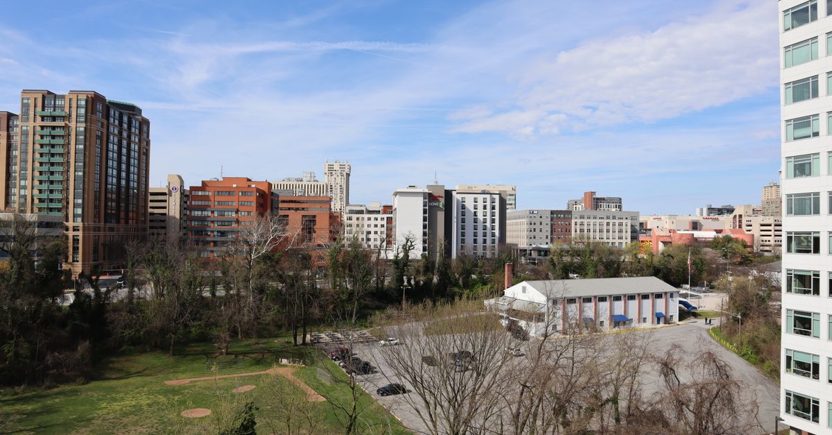 A vibrant cityscape with diverse architecture bordering a green park.
