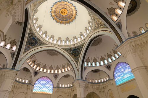 Free A magnificent view of the ornate interior dome of Camlica Mosque, showcasing Ottoman architecture. Stock Photo