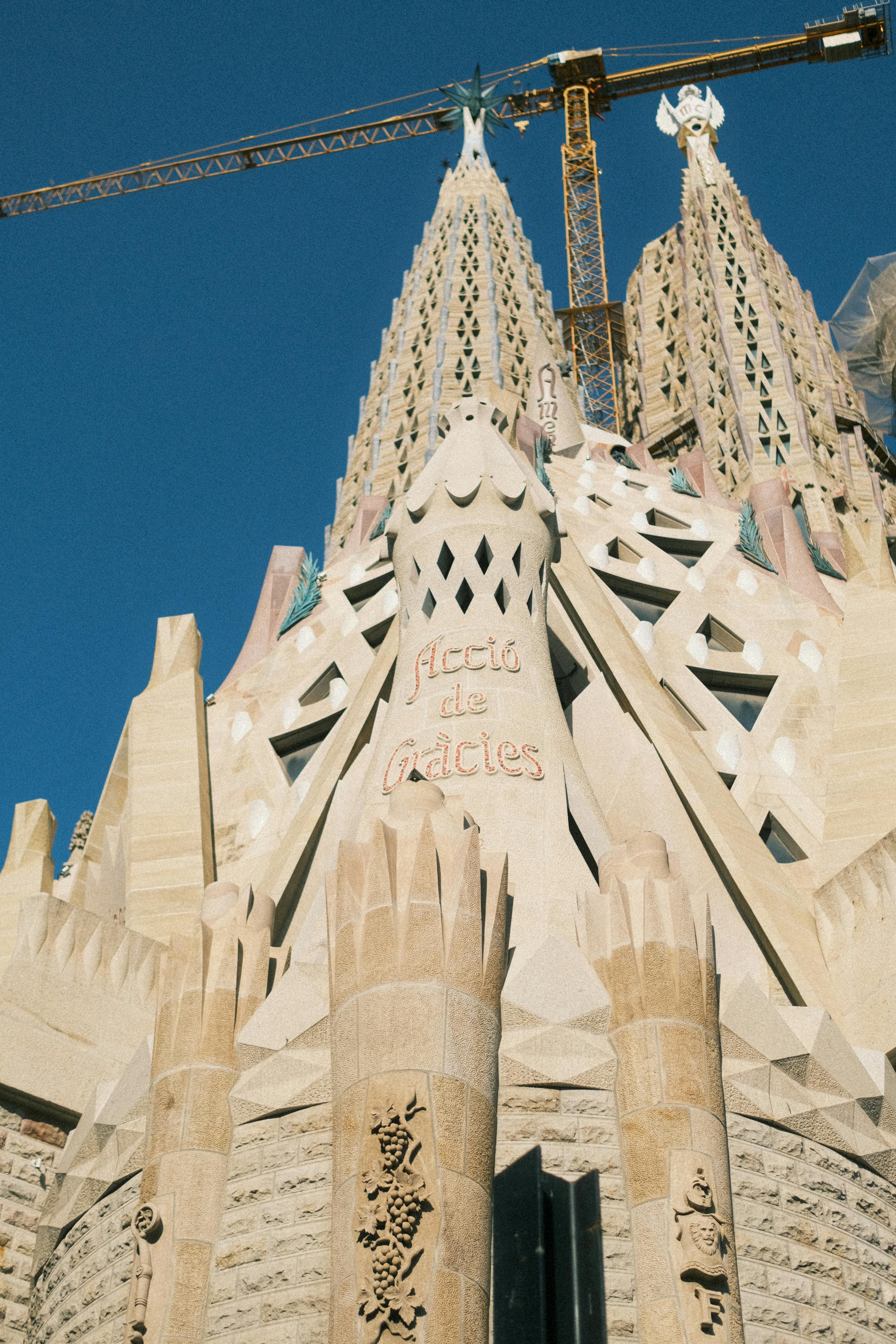 Close-up of Sagrada Familia's intricate facade in Barcelona, Spain.