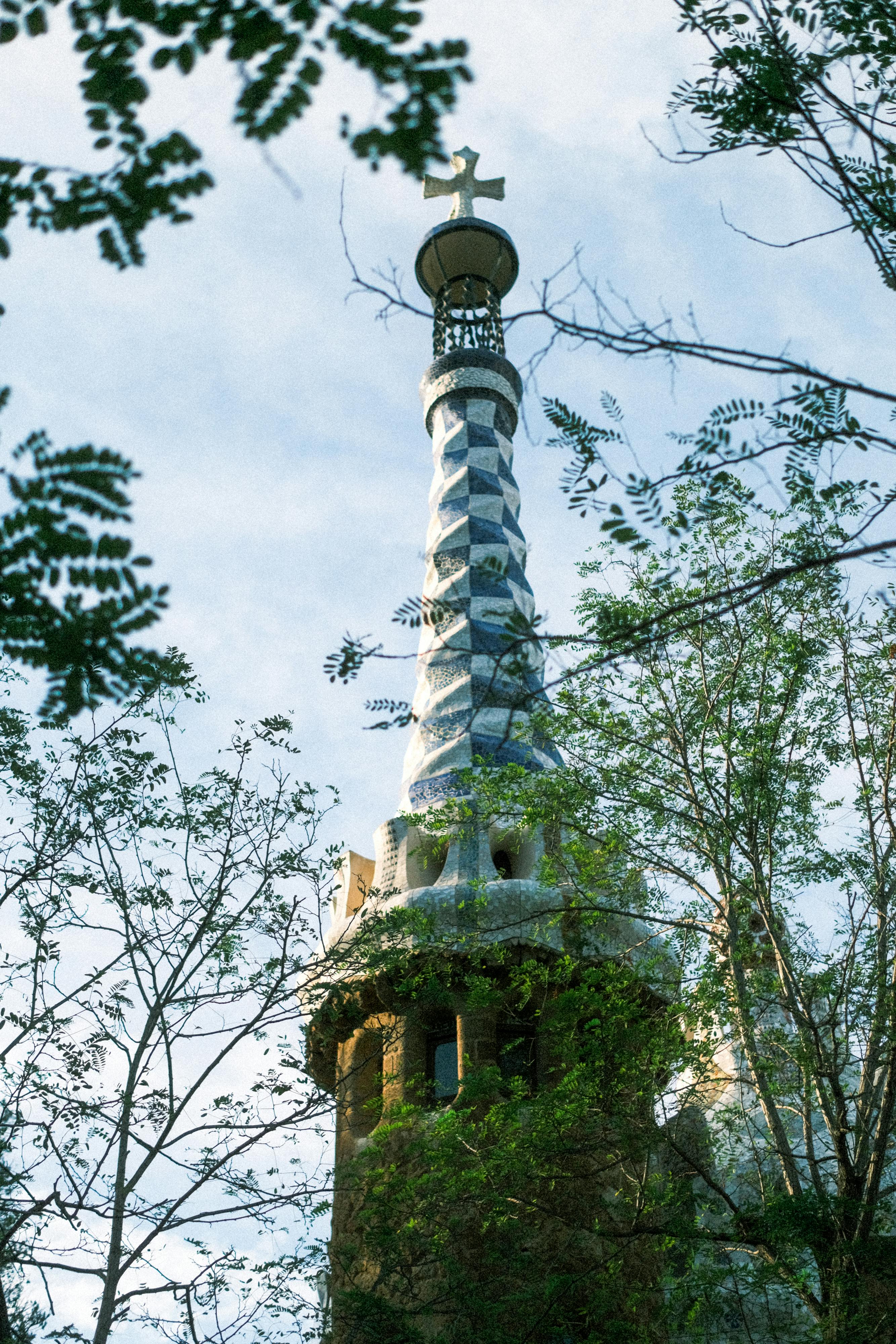 tower in park guell in barcelona in spain