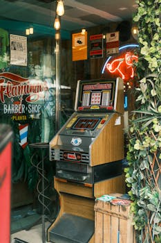 Vintage slot machine at a nostalgic barber shop entrance in Barcelona's vibrant streets.