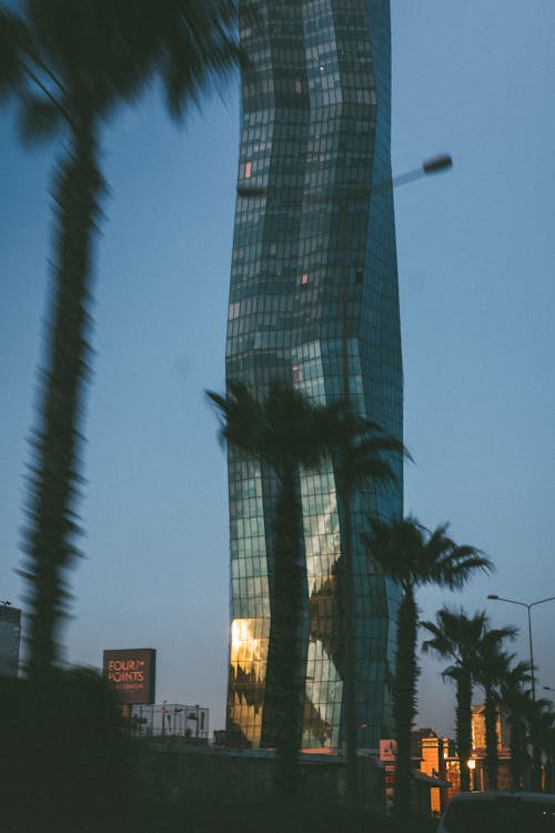 Free A tall building with palm trees in the background Stock Photo