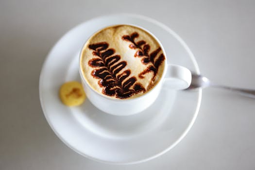 Close-up of a cappuccino with intricate latte art, served on a white saucer with a small biscuit.