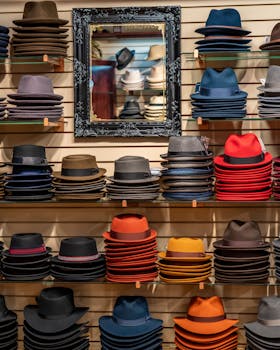 A vibrant display of stacked fedoras in a store in Niagara-on-the-Lake.