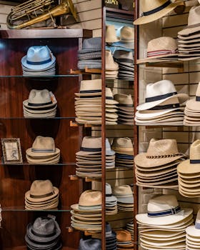 Elegant collection of hats displayed on shelves in a boutique store, vibrant selection.