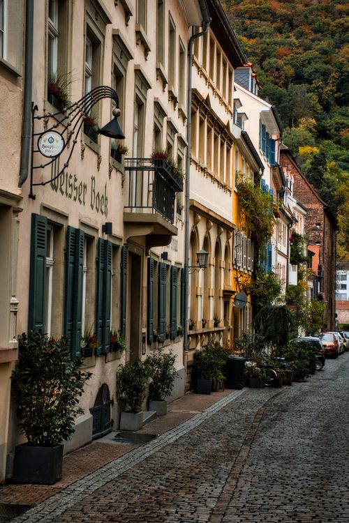 Free Explore the historic cobblestone streets lined with old townhouses in Heidelberg, Germany. Stock Photo