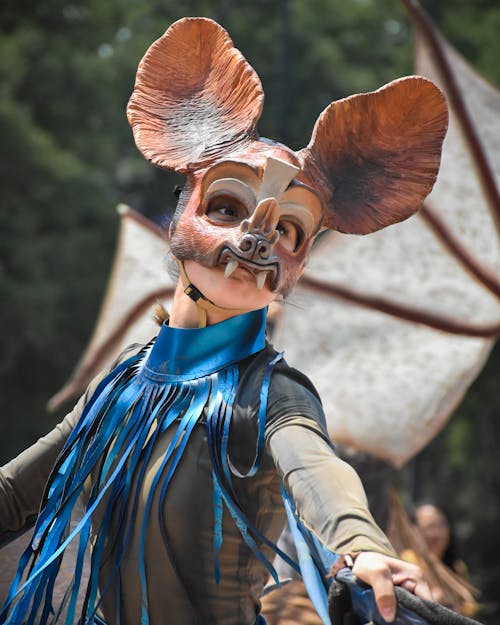 A woman in a costume with a large mouse head
