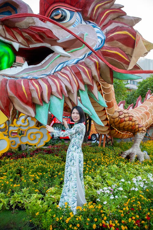 Free A woman in a chinese dress poses with a dragon Stock Photo