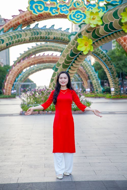 Free Long-Haired Brunette Wearing a Red Dress Standing under Decorative Arching Dragons Stock Photo