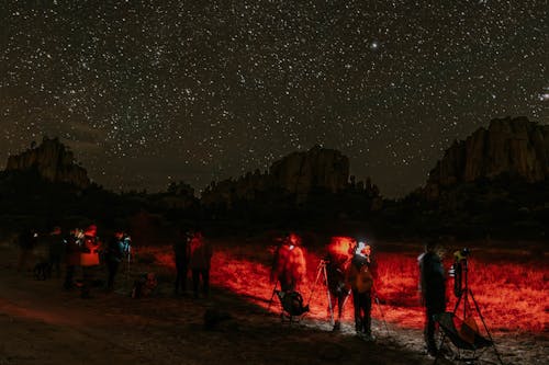 People standing in the dark under a starry sky