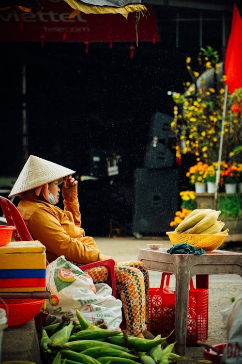 Foto profissional grátis de bananas, bens, chapéu cônico asiático