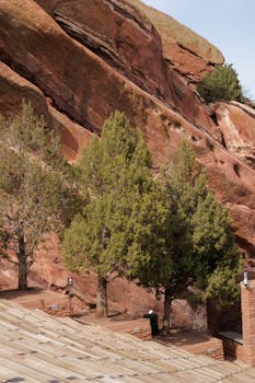 Scenic view of Red Rocks with trees and unique rock formations, capturing natural beauty.