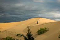 两个人骑着骆驼，在暴风雨的天空下，穿越一片戏剧性的沙漠景观