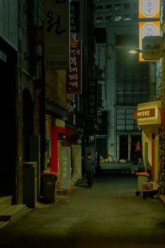 Dimly lit urban alleyway with a person walking at night, creating a mysterious vibe.