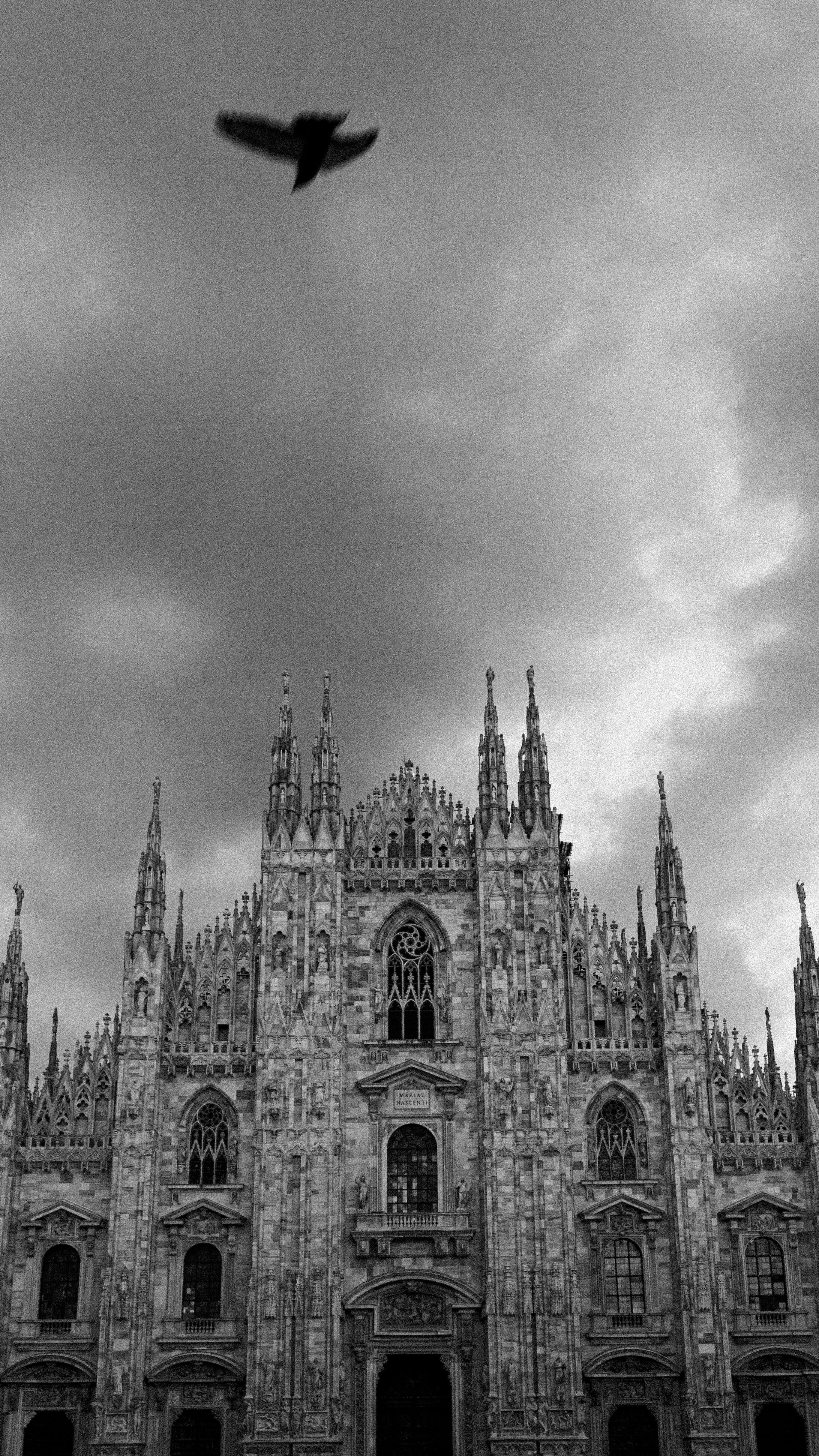 Dramatic black and white image of Duomo di Milano under cloudy skies, showcasing Gothic architecture.