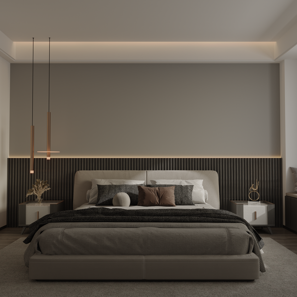 Beige bedroom with slatted headboard wall, photo by Rodrigo Neto on Pexels