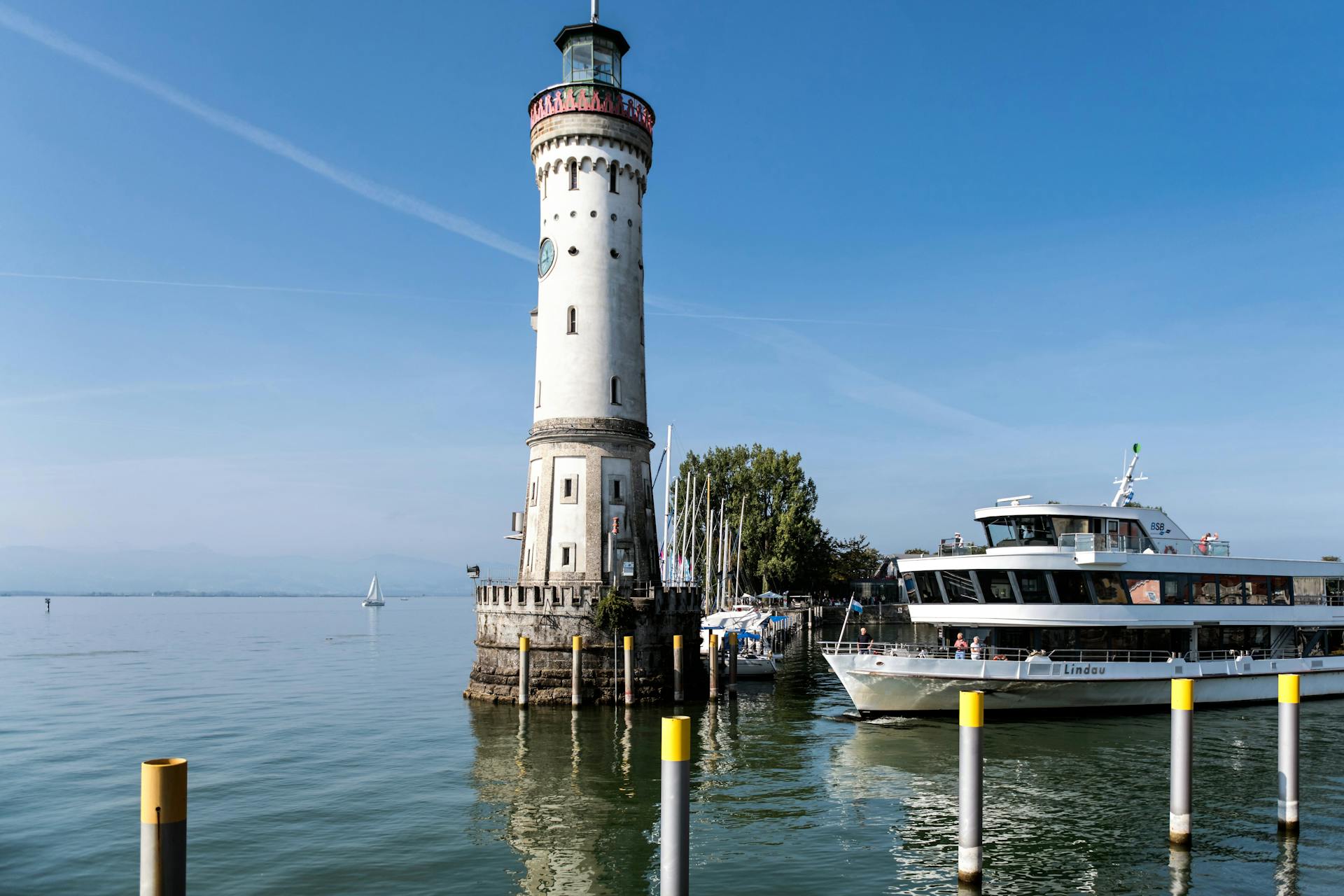 Passenger Ship near Lindau Lighthouse on Constance Lake