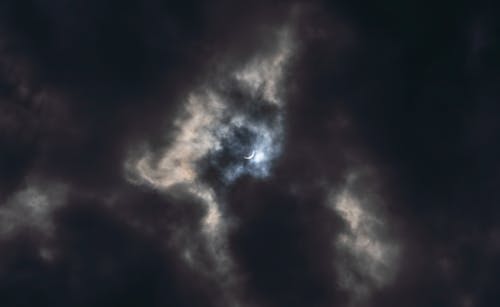A cloudy sky with a bright sun in the middle