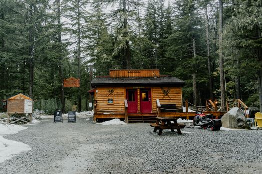Cozy wooden cabin nestled in a snowy forest in Whistler, Canada.