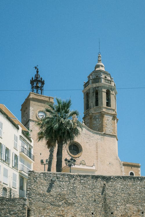 A church with a clock tower and palm trees