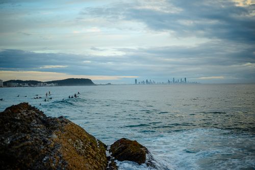 Free Surfers catching waves with a view of Gold Coast skyline from Currumbin Beach during sunset. Stock Photo