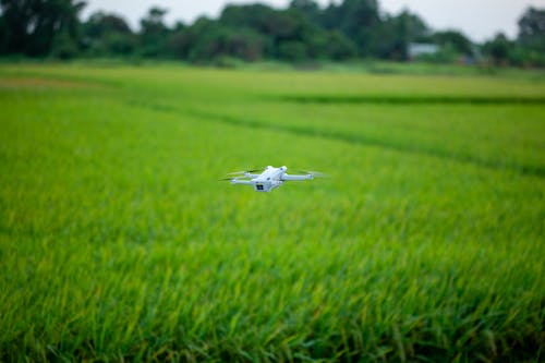 A small white drone flying over a green field