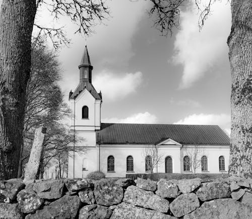 Church in Village in Black and White