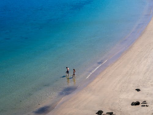 Two people walking on the beach near a body of water