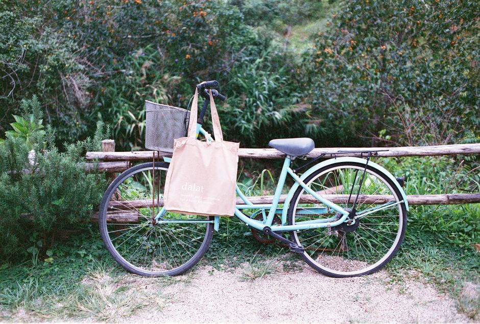 A pastel blue bike with a tote bag leaning on a wooden fence in a lush rural setting.