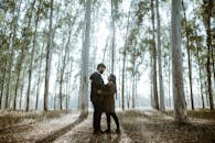 Sun Shining at a Couple Embracing in a Forest
