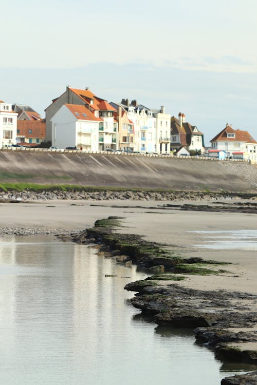 A beach with a body of water and some houses