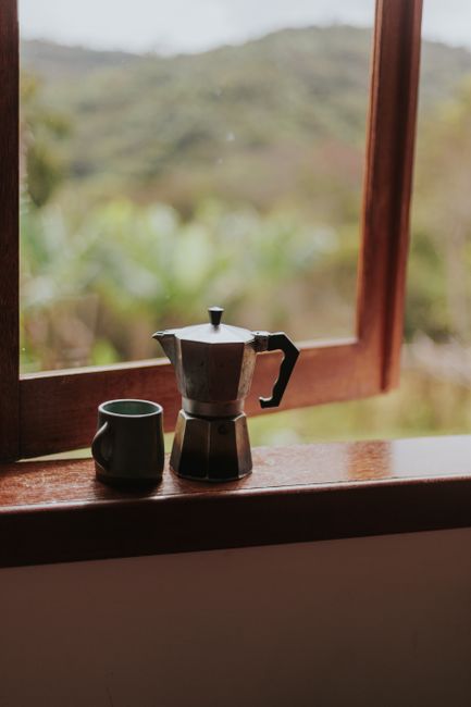 Coffee pot and mug on a windowsill with a nature view.