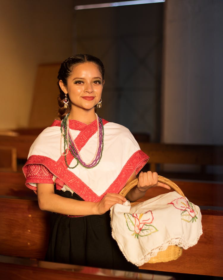 Portrait Of Brunette Woman Holding Basket