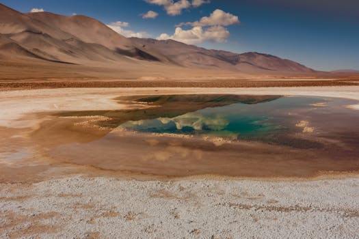 Discover a reflective saltwater pool amidst the arid landscapes of Tolar Grande, Salta, Argentina.