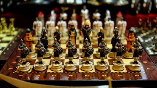 Free Colorful intricately designed warrior chess set on display in Gaziantep, Türkiye. Stock Photo