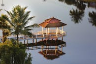 棕榈树湖畔凉亭的宁静景色，映衬出一片祥和与安宁