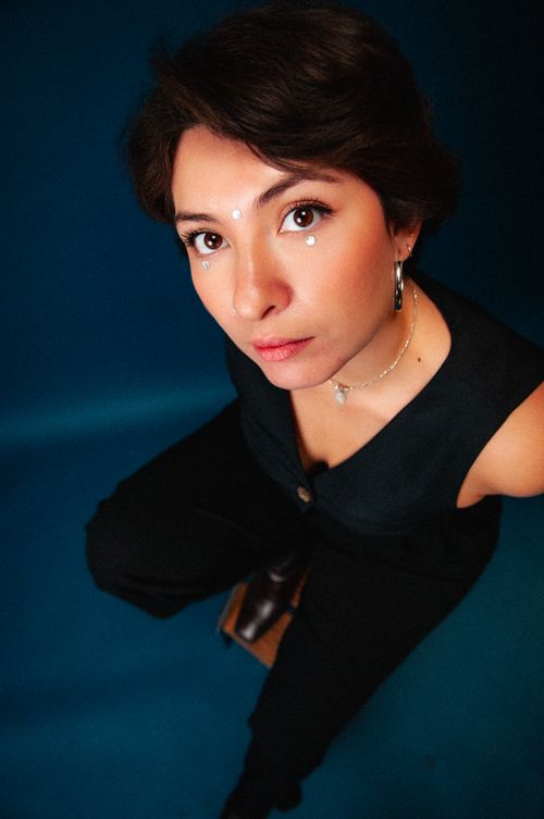 Free High-angle portrait of an elegant woman with jewelry on a blue background. Stock Photo