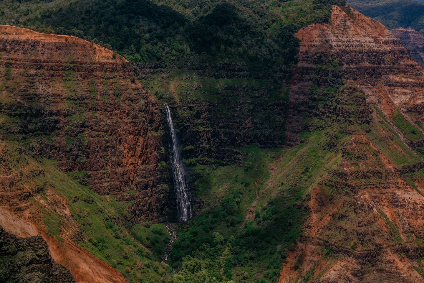 A waterfall dropping through dense rainforest in a Hawaiian valley