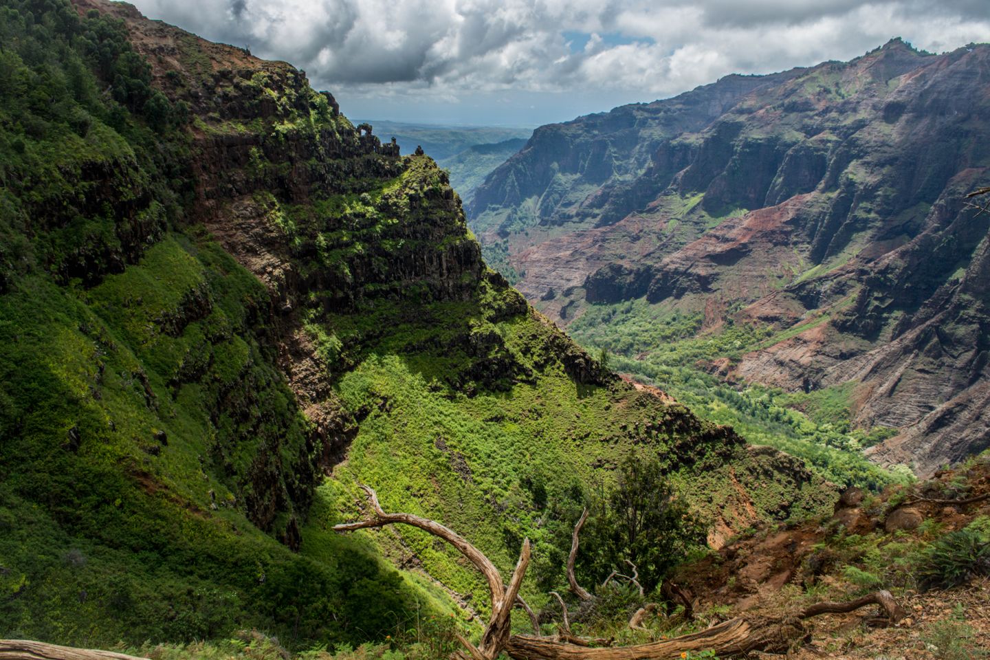 Sharp green mountain ridges wrapped in low cloud on a Hawaiian island