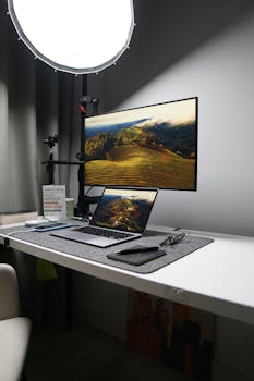 A modern home office desk setup with a laptop and dual monitors, perfect for productivity.