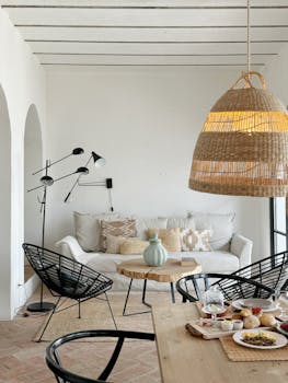 Bright and airy Scandinavian living room with modern furniture and decor elements.