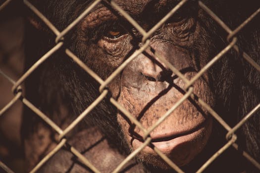 铁丝栅栏后的黑猩猩特写，唤起了圈养的主题