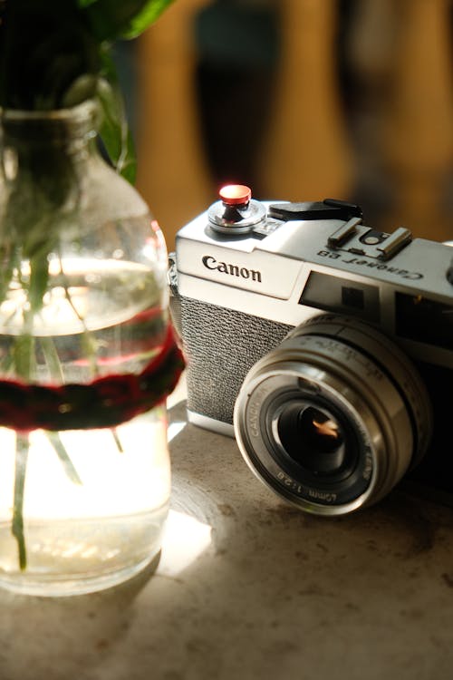 Canon camera and vase on table