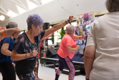 Free Group of senior women engaged in fitness activities indoors, promoting healthy aging. Stock Photo