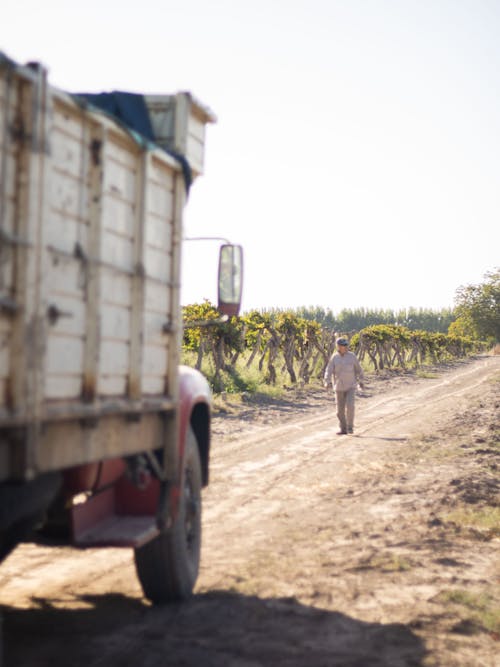 A man walking down a dirt road next to a truck