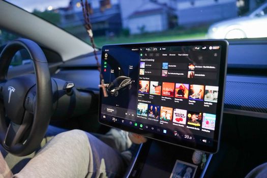 Close-up of a Tesla's digital dashboard showcasing entertainment options in Garešnica.
