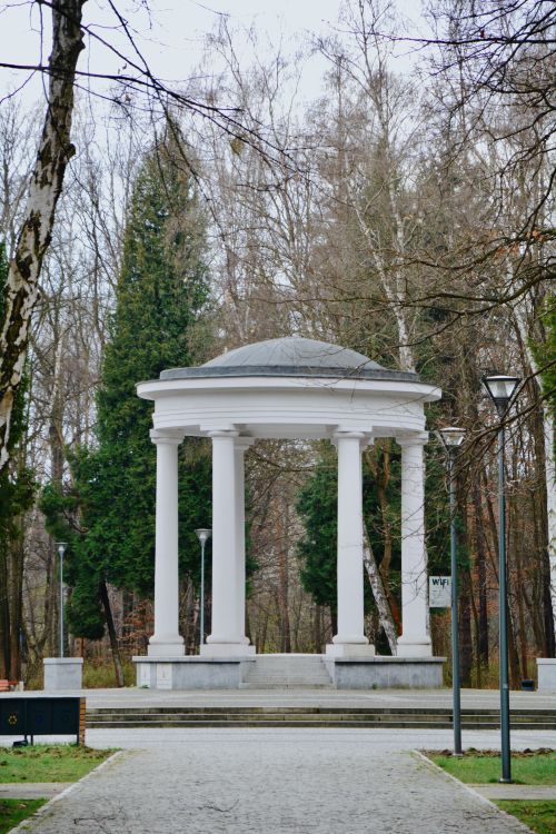Free Elegant white gazebo surrounded by trees in a tranquil park in Będzin, Poland. Stock Photo