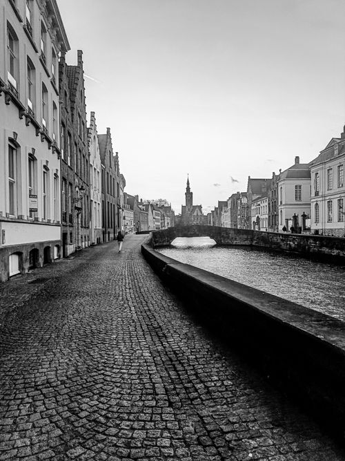 Free Black and white view of Bruges canal with historic buildings and cobblestone street. Stock Photo